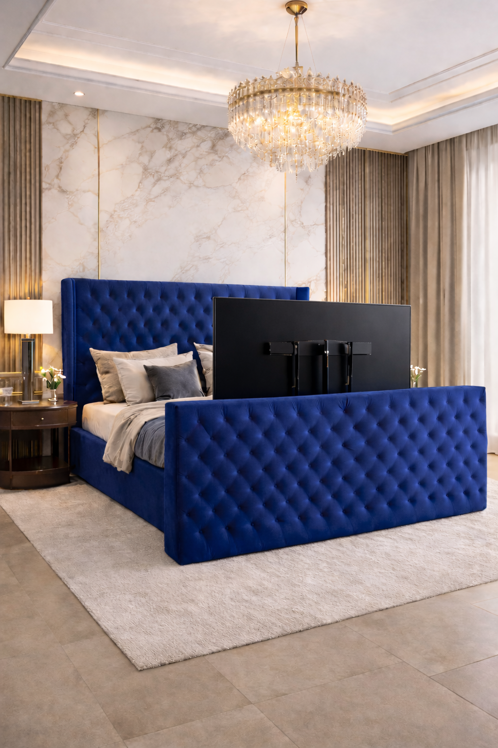 Monnaca Wingback Upholstered TV Bed with Lift-Up Mechanism