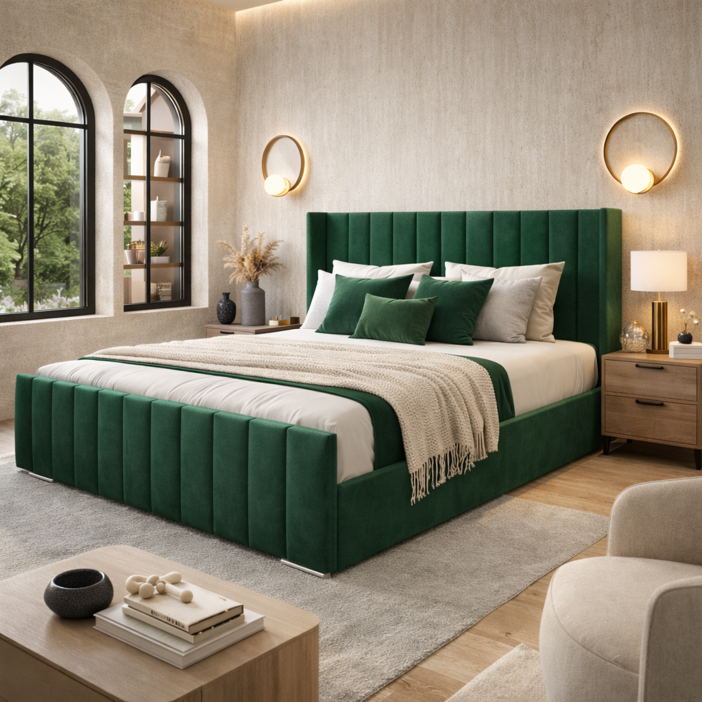 Panel Wingback Upholstered Bed Frame