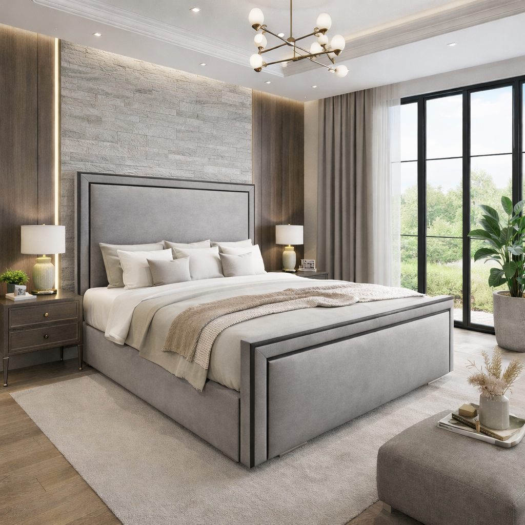 Plain Bumper Upholstered Bed Frame with Piped Headboard Trim