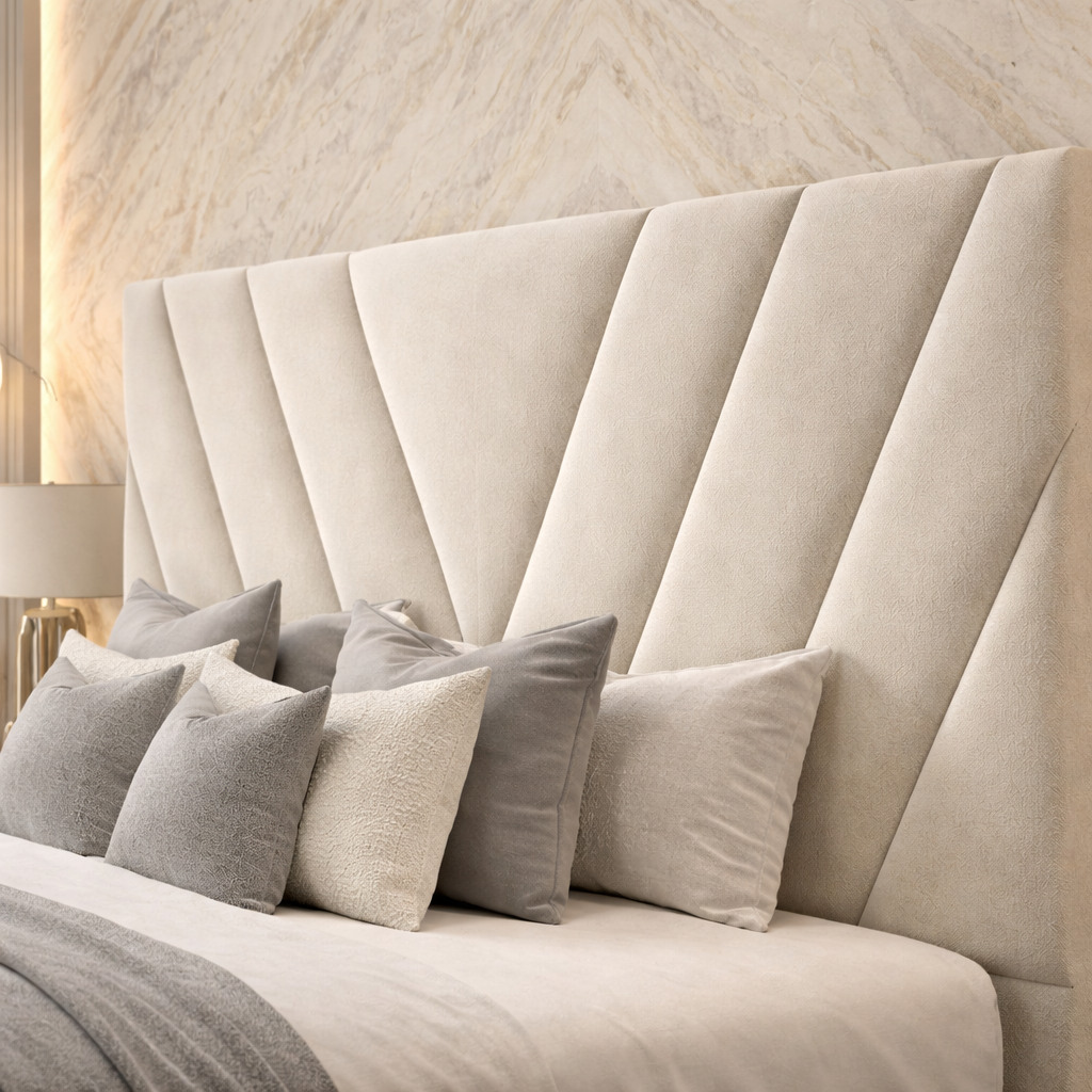 V-Shape Panel Upholstered Bed Frame with Chevron Headboard