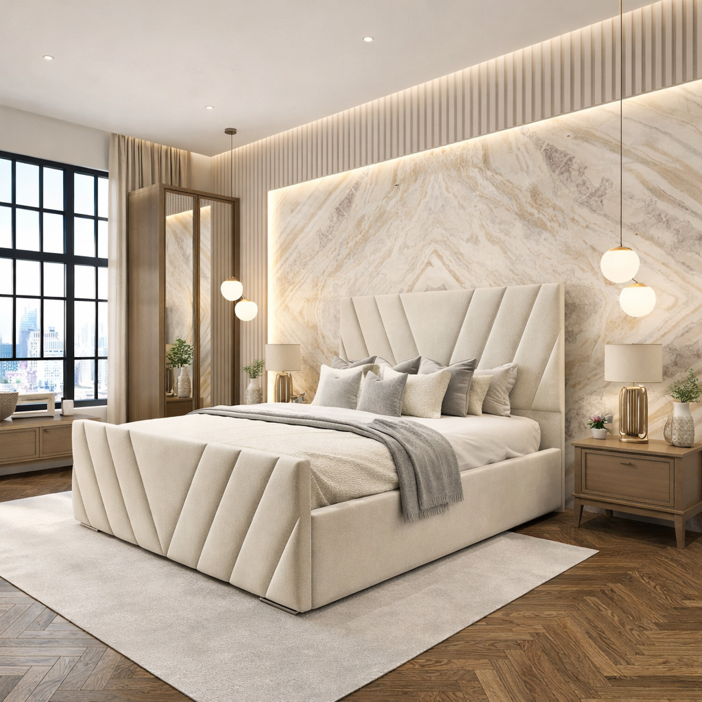 V-Shape Panel Upholstered Bed Frame with Chevron Headboard