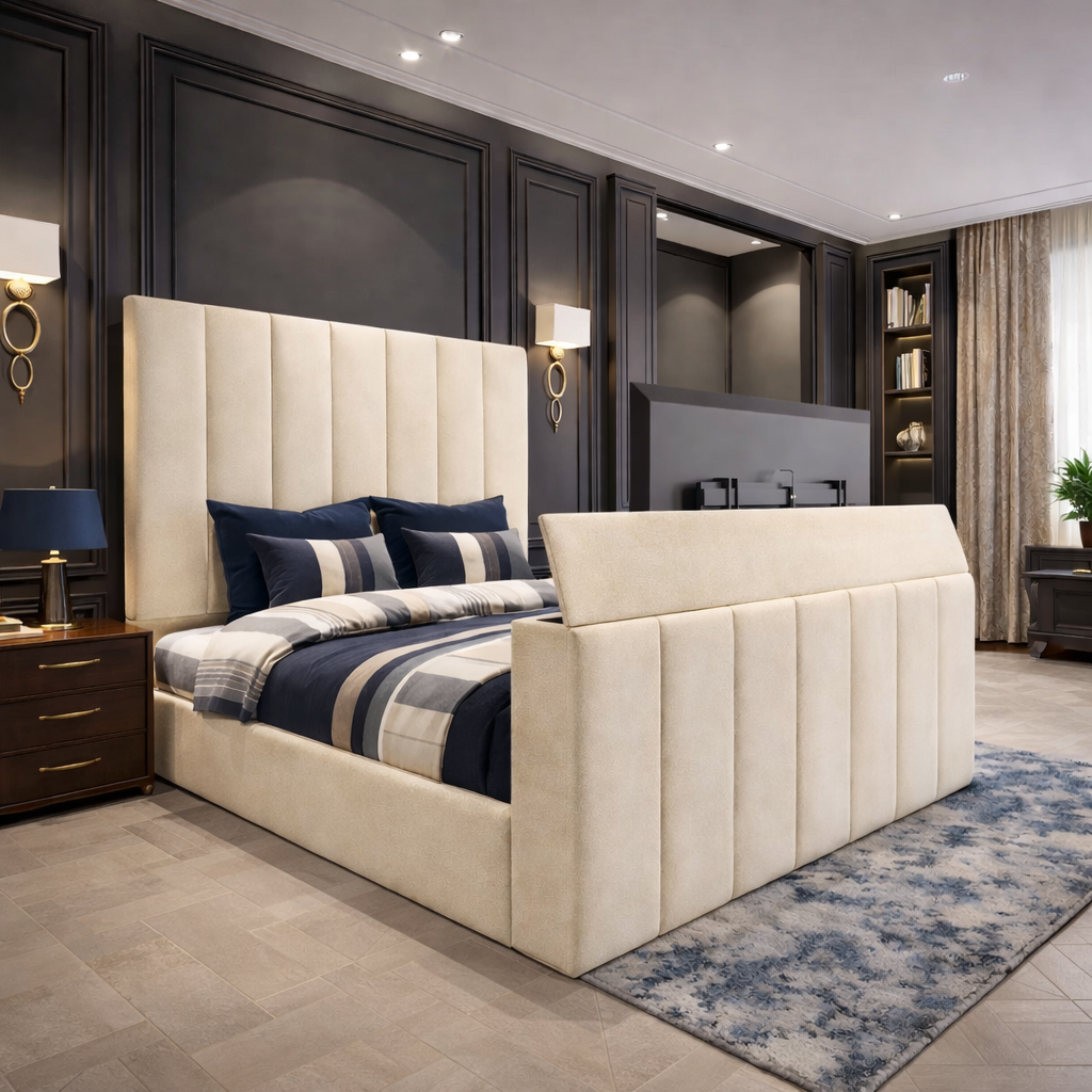 Panel Upholstered TV Bed with Lift-Up Mechanism