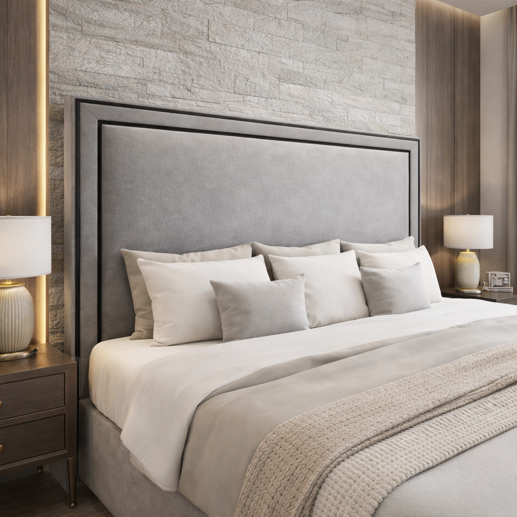 Plain Bumper Upholstered Bed Frame with Piped Headboard Trim